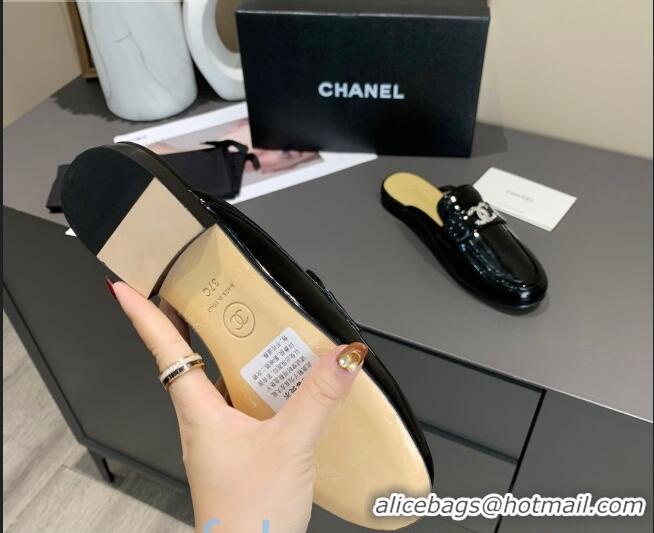 Imitation Bulk Chanel Patent Calfskin Crystal CC Flat Loafers Mules C1038 Black 2020