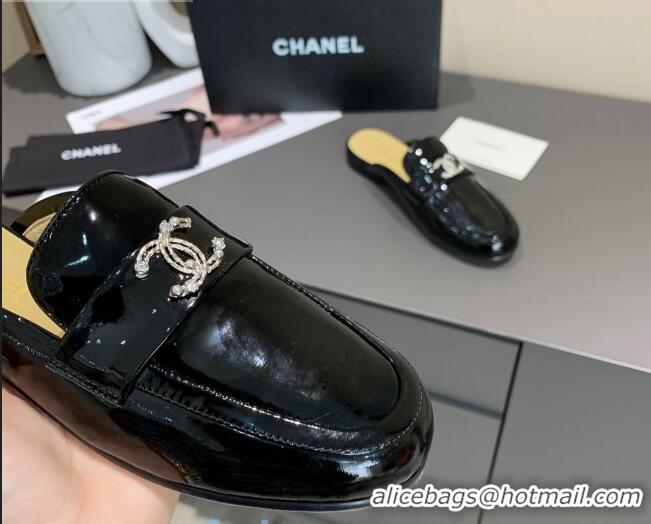 Imitation Bulk Chanel Patent Calfskin Crystal CC Flat Loafers Mules C1038 Black 2020