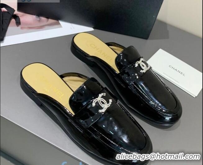 Imitation Bulk Chanel Patent Calfskin Crystal CC Flat Loafers Mules C1038 Black 2020