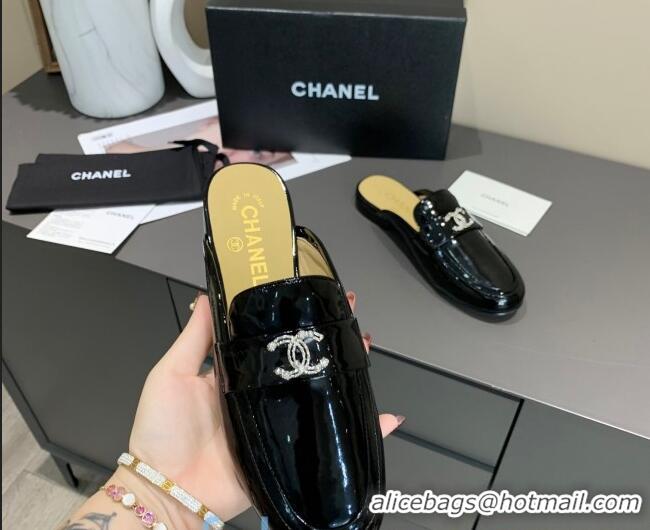 Imitation Bulk Chanel Patent Calfskin Crystal CC Flat Loafers Mules C1038 Black 2020