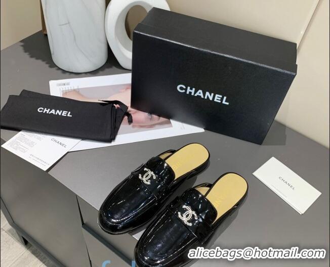 Imitation Bulk Chanel Patent Calfskin Crystal CC Flat Loafers Mules C1038 Black 2020