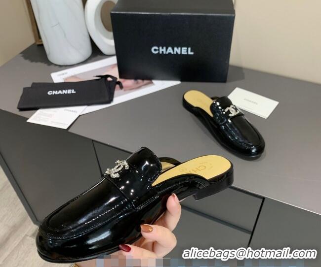 Imitation Bulk Chanel Patent Calfskin Crystal CC Flat Loafers Mules C1038 Black 2020