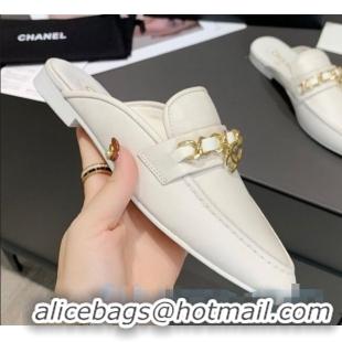 Low Price Chanel Calfskin Chain Charm Loafers Mules C1039 White 2020