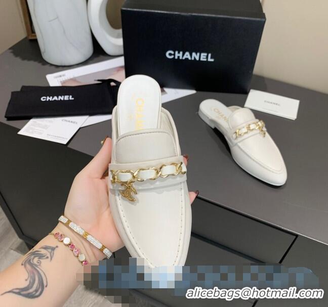 Low Price Chanel Calfskin Chain Charm Loafers Mules C1039 White 2020