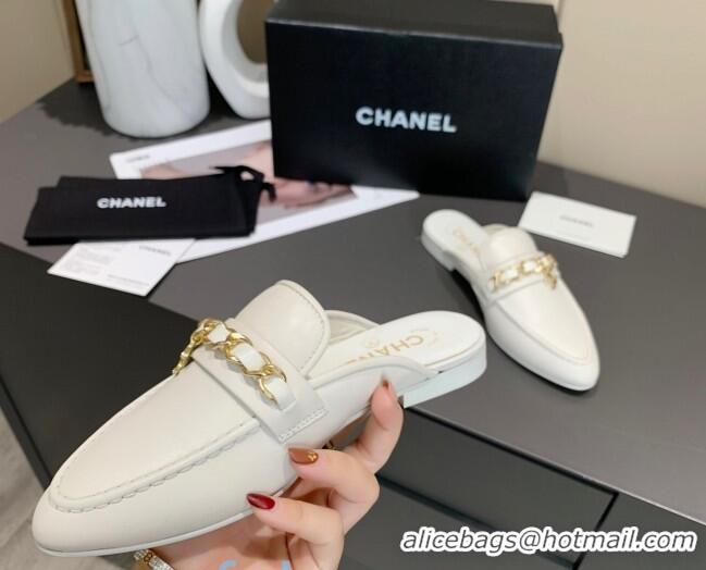 Low Price Chanel Calfskin Chain Charm Loafers Mules C1039 White 2020