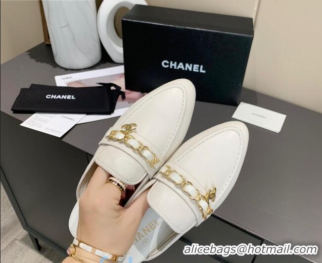 Low Price Chanel Calfskin Chain Charm Loafers Mules C1039 White 2020