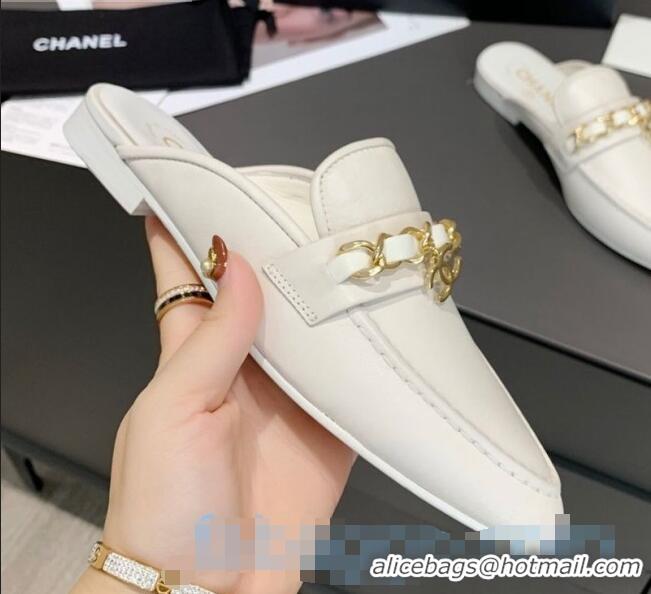 Low Price Chanel Calfskin Chain Charm Loafers Mules C1039 White 2020