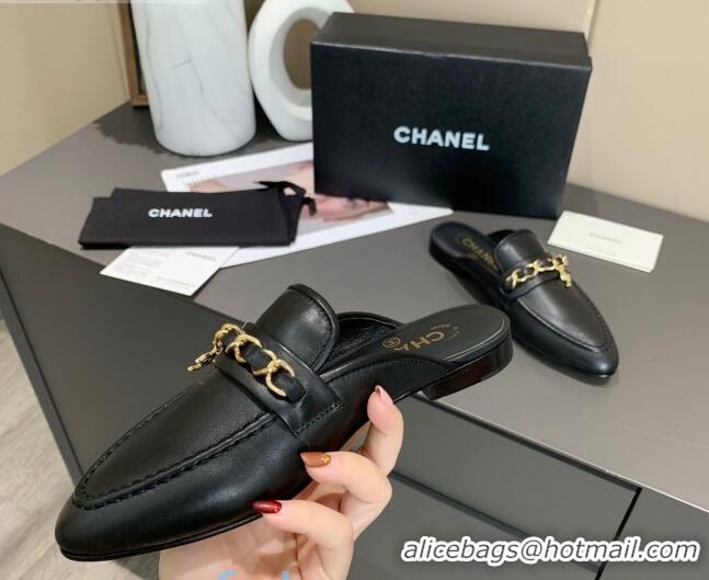 New Cheap Chanel Calfskin Chain Charm Loafers Mules C1039 Black 2020