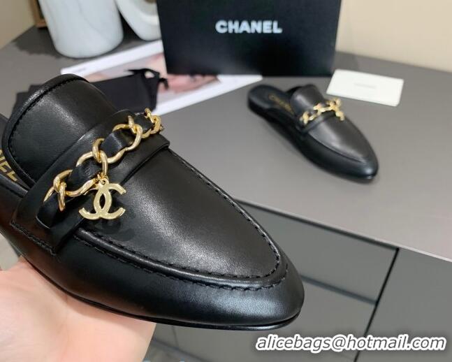 New Cheap Chanel Calfskin Chain Charm Loafers Mules C1039 Black 2020