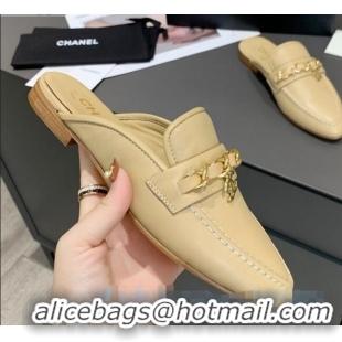 Latest Style Chanel Calfskin Chain Charm Loafers Mules C1039 Apricot 2020