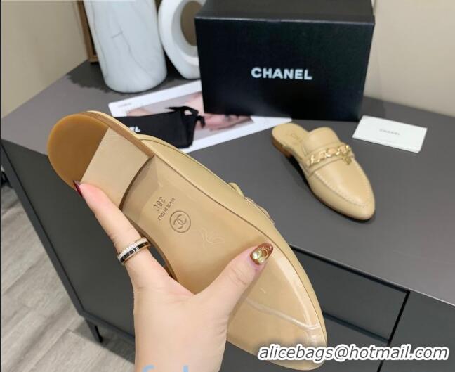 Latest Style Chanel Calfskin Chain Charm Loafers Mules C1039 Apricot 2020