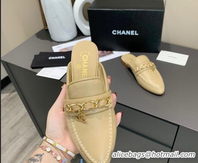 Latest Style Chanel Calfskin Chain Charm Loafers Mules C1039 Apricot 2020