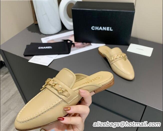 Latest Style Chanel Calfskin Chain Charm Loafers Mules C1039 Apricot 2020