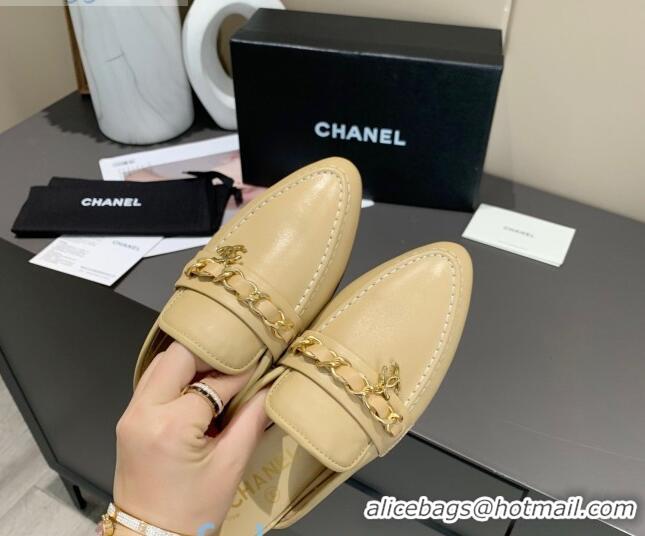 Latest Style Chanel Calfskin Chain Charm Loafers Mules C1039 Apricot 2020