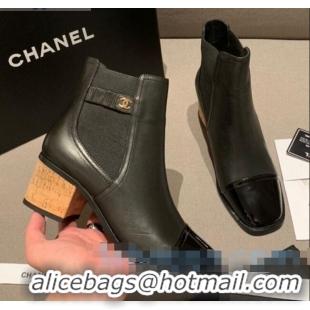 Fashion Cheap Chanel Leather Short Boots Wood Heel C1042 Black 2020