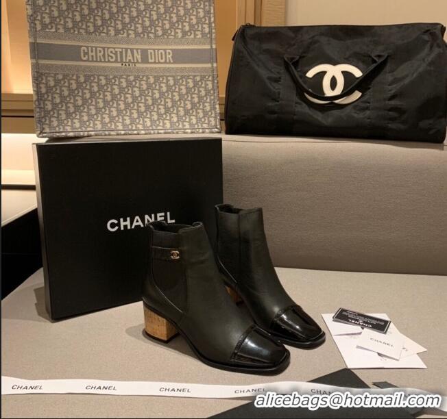 Fashion Cheap Chanel Leather Short Boots Wood Heel C1042 Black 2020