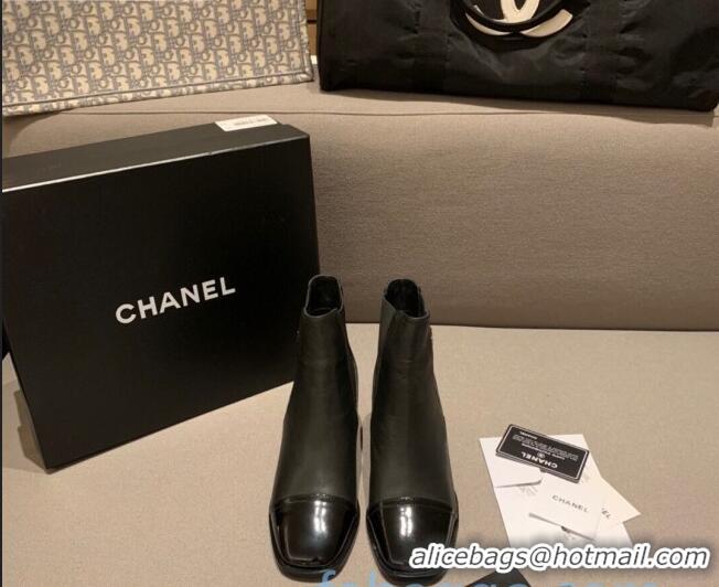 Fashion Cheap Chanel Leather Short Boots Wood Heel C1042 Black 2020