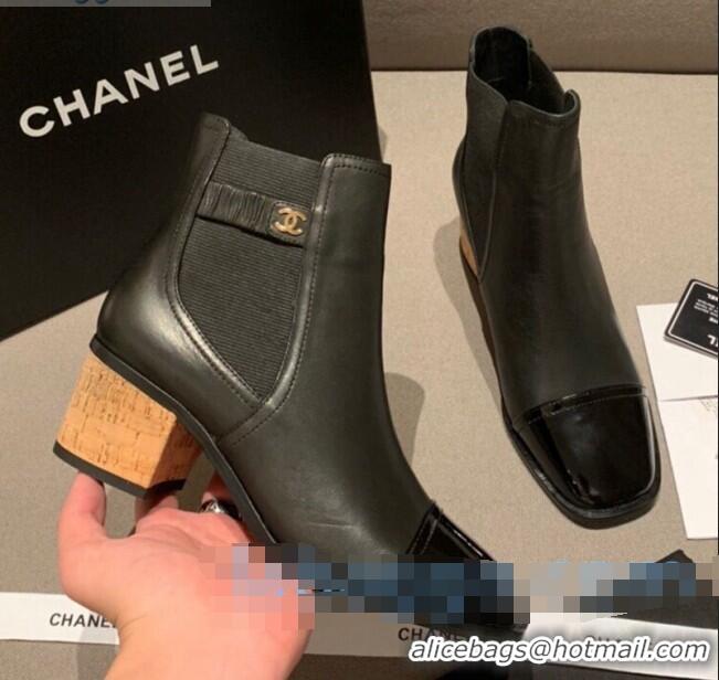 Fashion Cheap Chanel Leather Short Boots Wood Heel C1042 Black 2020