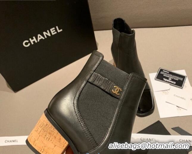 Fashion Cheap Chanel Leather Short Boots Wood Heel C1042 Black 2020