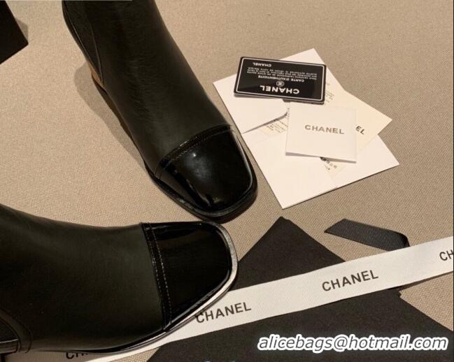 Fashion Cheap Chanel Leather Short Boots Wood Heel C1042 Black 2020