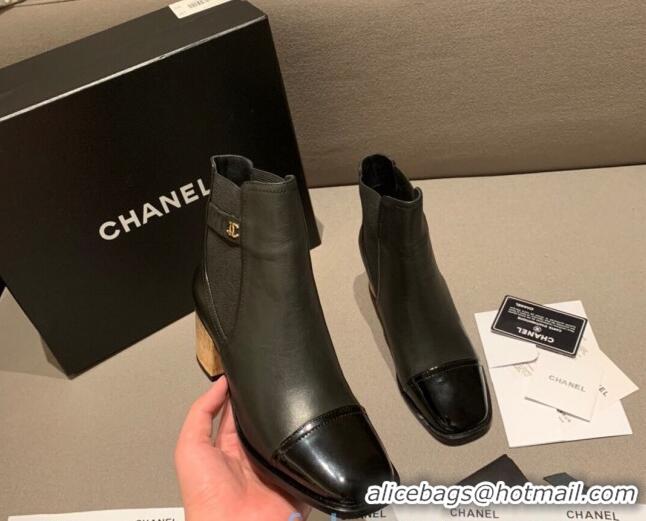 Fashion Cheap Chanel Leather Short Boots Wood Heel C1042 Black 2020