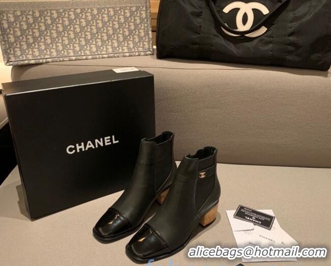 Fashion Cheap Chanel Leather Short Boots Wood Heel C1042 Black 2020