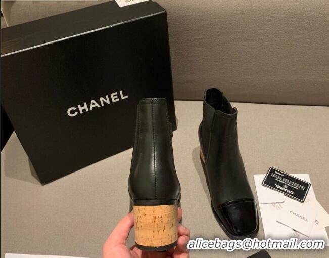 Fashion Cheap Chanel Leather Short Boots Wood Heel C1042 Black 2020