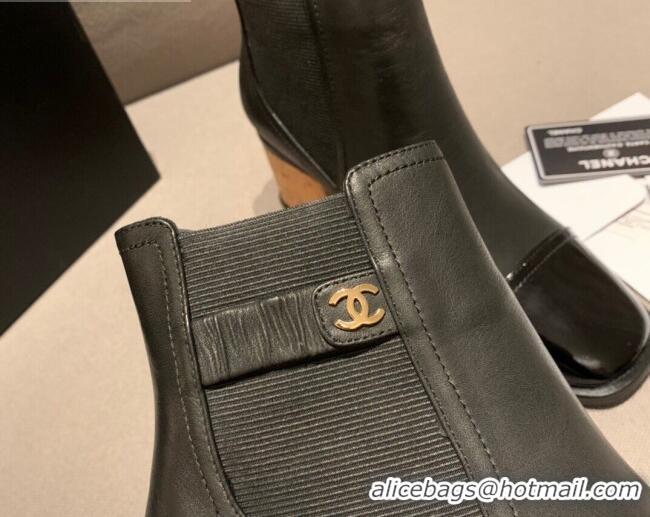 Fashion Cheap Chanel Leather Short Boots Wood Heel C1042 Black 2020