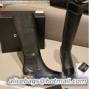 High Quality Chanel Leather High Boots Wood Heel C1043 Black 2020