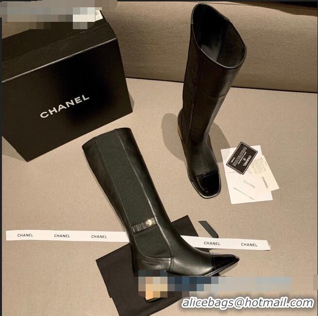 High Quality Chanel Leather High Boots Wood Heel C1043 Black 2020