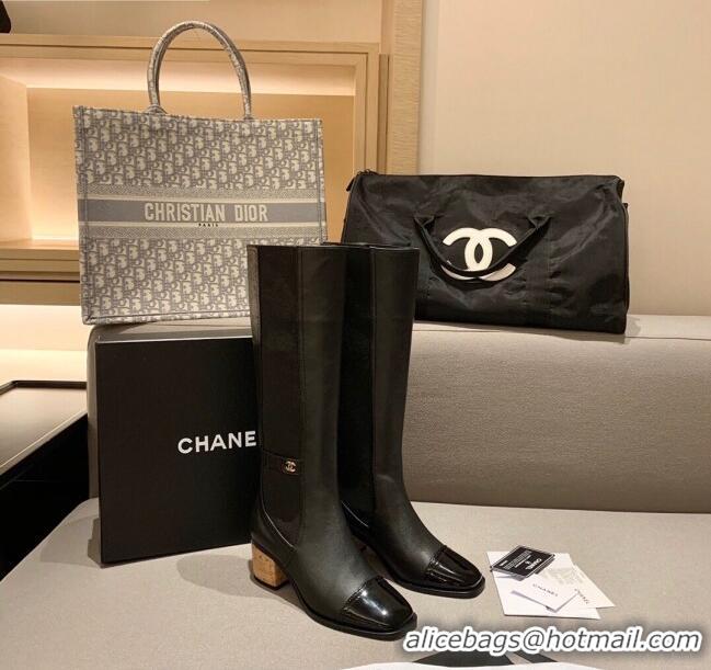 High Quality Chanel Leather High Boots Wood Heel C1043 Black 2020