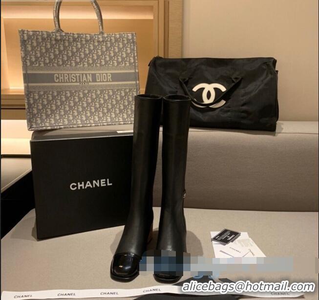 High Quality Chanel Leather High Boots Wood Heel C1043 Black 2020