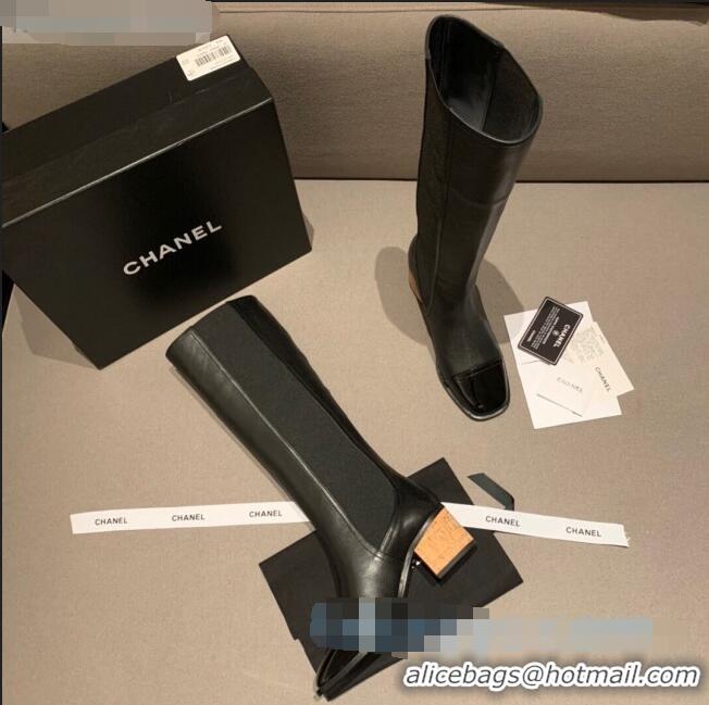 High Quality Chanel Leather High Boots Wood Heel C1043 Black 2020