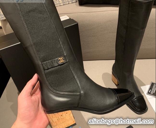 High Quality Chanel Leather High Boots Wood Heel C1043 Black 2020