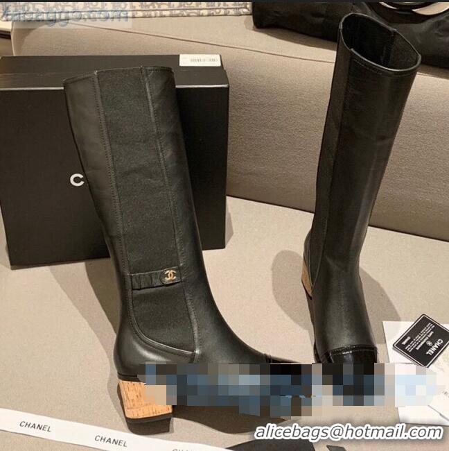 High Quality Chanel Leather High Boots Wood Heel C1043 Black 2020