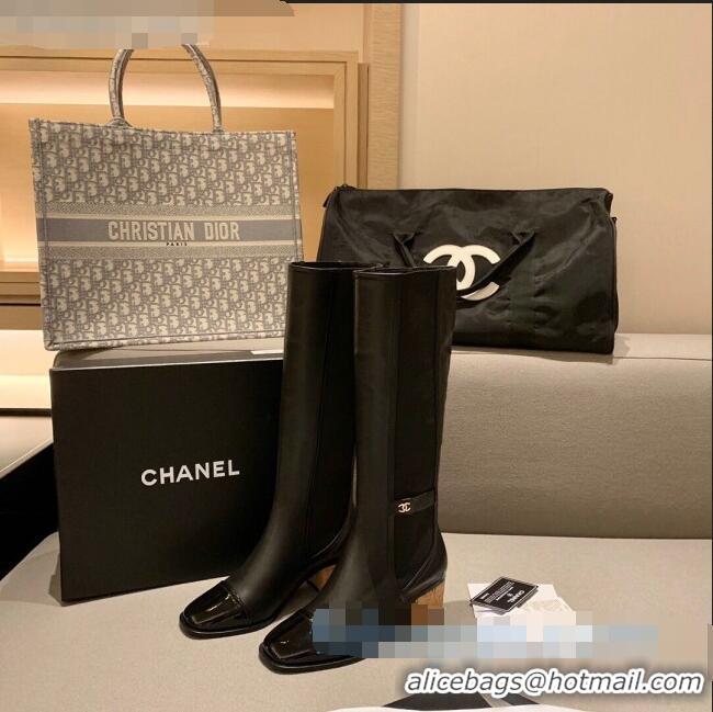 High Quality Chanel Leather High Boots Wood Heel C1043 Black 2020