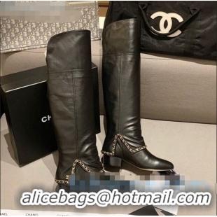 High Quality Chanel Leather Foldover Chain High Boots G34929 Black 2020