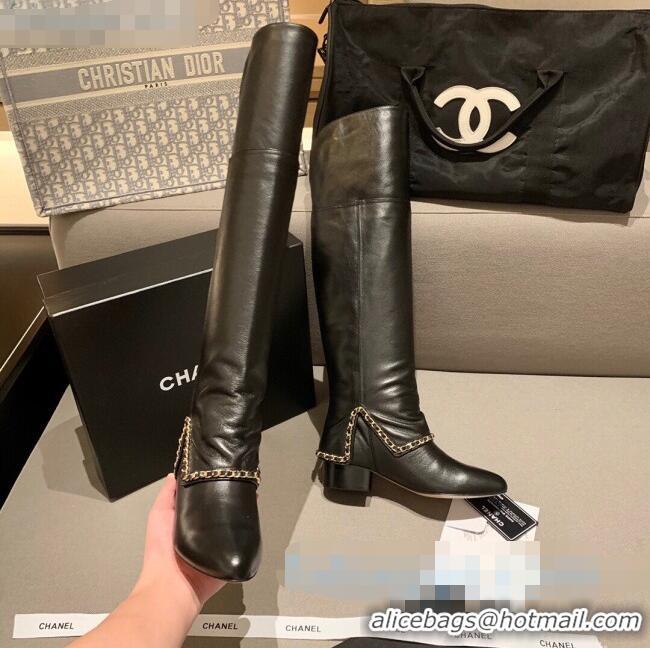 High Quality Chanel Leather Foldover Chain High Boots G34929 Black 2020