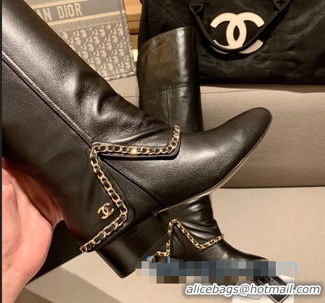 High Quality Chanel Leather Foldover Chain High Boots G34929 Black 2020