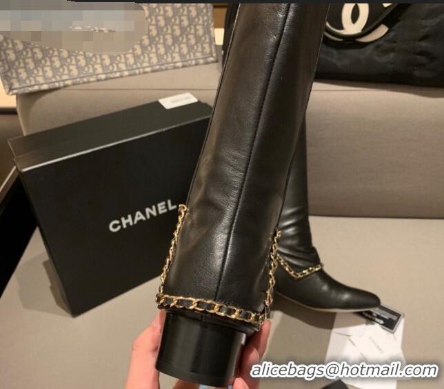 High Quality Chanel Leather Foldover Chain High Boots G34929 Black 2020