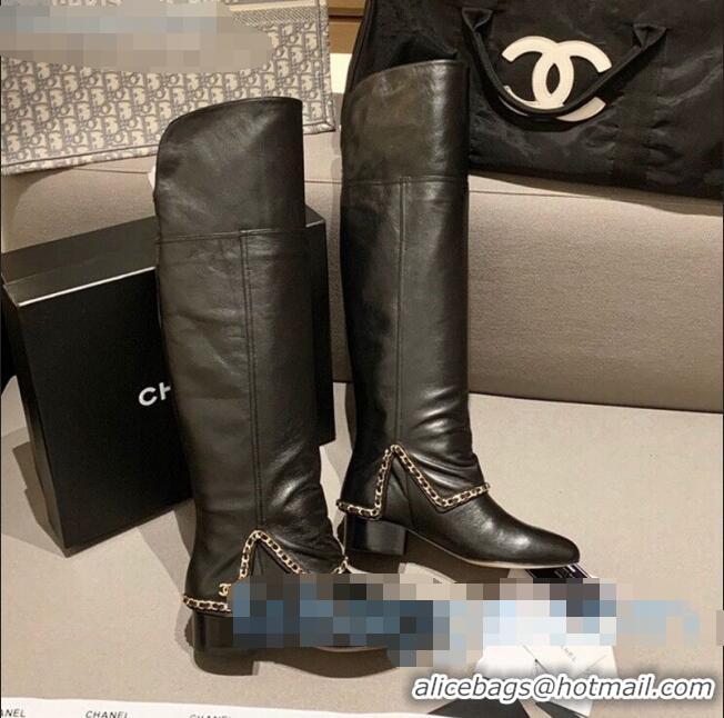 High Quality Chanel Leather Foldover Chain High Boots G34929 Black 2020