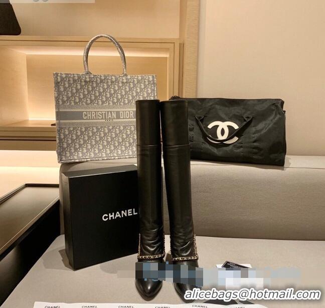 High Quality Chanel Leather Foldover Chain High Boots G34929 Black 2020