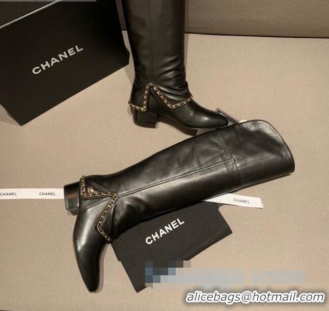 High Quality Chanel Leather Foldover Chain High Boots G34929 Black 2020