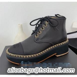 Cheapest Chanel Lambskin Chain Lace-up Short Boots G91126 Black 2020