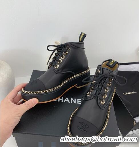 Cheapest Chanel Lambskin Chain Lace-up Short Boots G91126 Black 2020