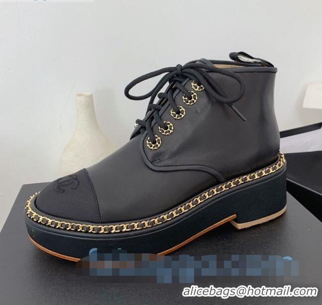 Cheapest Chanel Lambskin Chain Lace-up Short Boots G91126 Black 2020