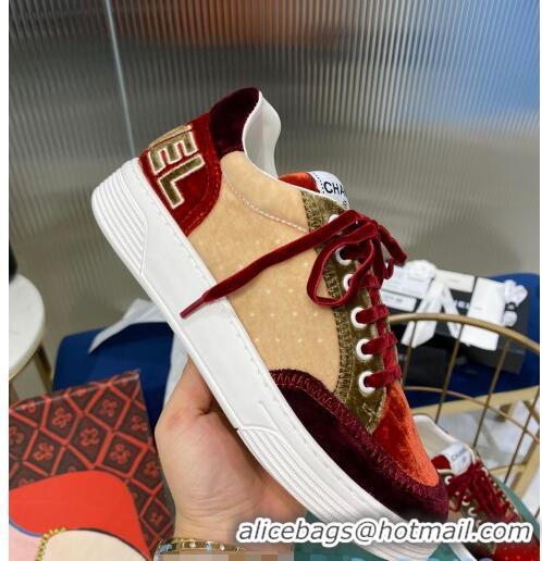 New Design Chanel Velvet Sneakers G36295 Burgundy/Beige 2020