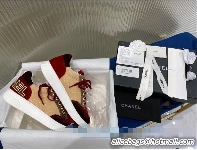 New Design Chanel Velvet Sneakers G36295 Burgundy/Beige 2020