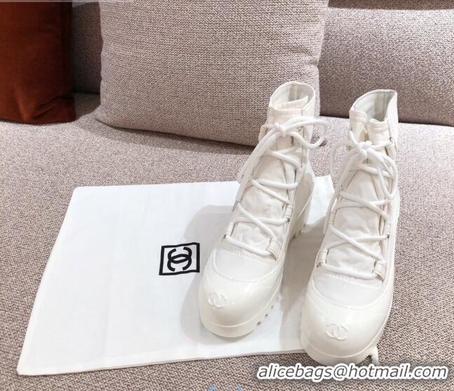 Top Quality Chanel Fabric and Patent Leather Lace-up Short Boots C1150 All White 2020