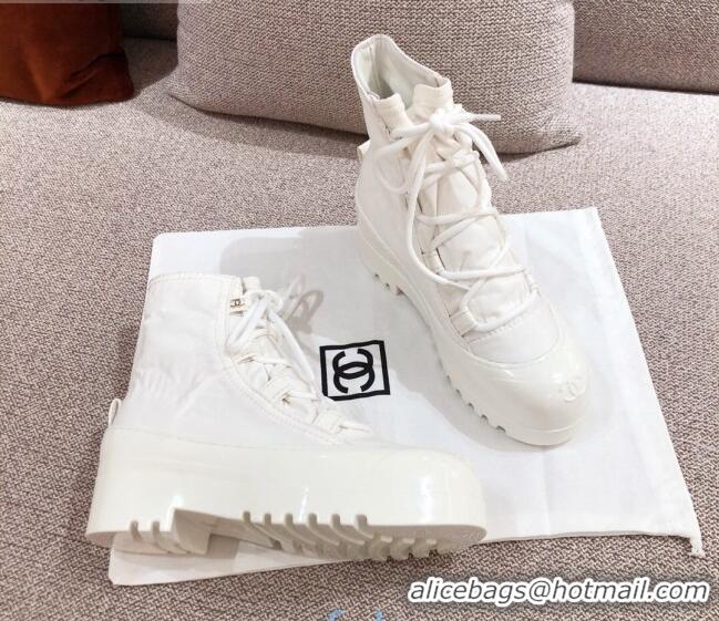 Top Quality Chanel Fabric and Patent Leather Lace-up Short Boots C1150 All White 2020